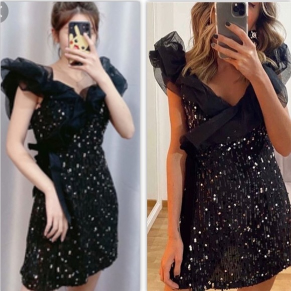 L & XL Zara Black Combination Sequin Dress NWT - Picture 2 of 9